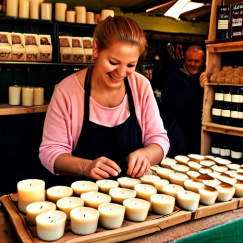 Home 11 ** "A person happily crafting soy candles at a local market stall in Poland, surrounded by customers. Focus on the cozy, handmade aspect. 'Targ' sign visible."
**