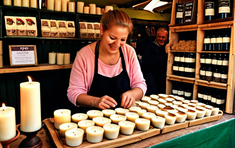 ** "A person happily crafting soy candles at a local market stall in Poland, surrounded by customers. Focus on the cozy, handmade aspect. 'Targ' sign visible."
**